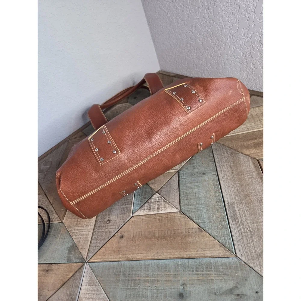Vintage Cole‎ Haan Village Tan Brown Leather Shoulder Tote Bag Rivets Stitch